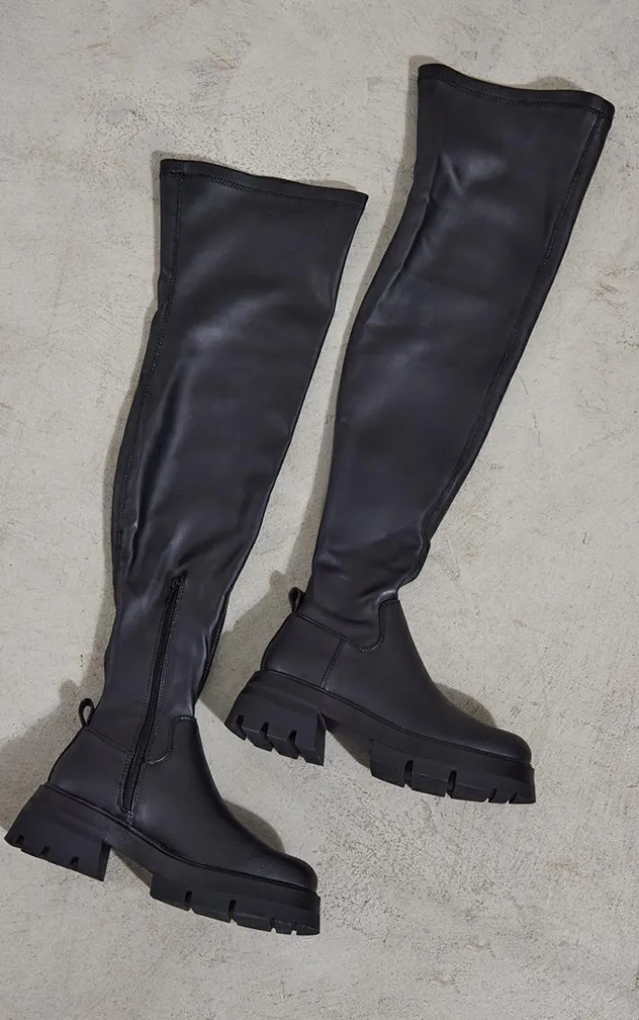 Black PU Chunky Arched Sole Over The Knee Boots