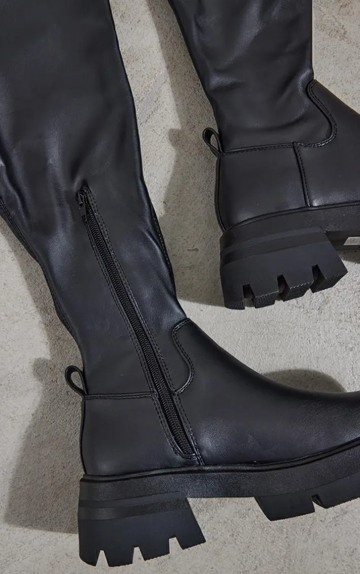 Black PU Chunky Arched Sole Over The Knee Boots