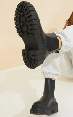 Black PU Cleated Chelsea Ankle Chunky Boots