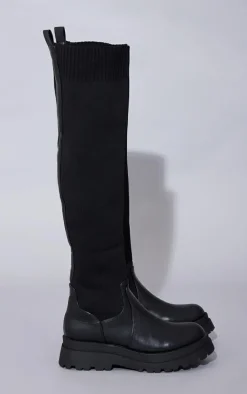 Black PU Contrast Knitted Over The Knee Boots