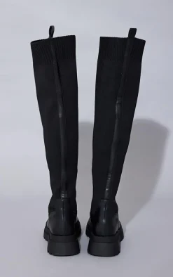 Black PU Contrast Knitted Over The Knee Boots