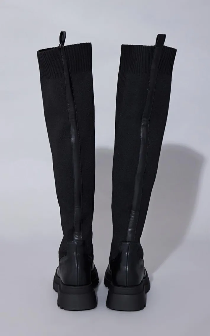 Black PU Contrast Knitted Over The Knee Boots