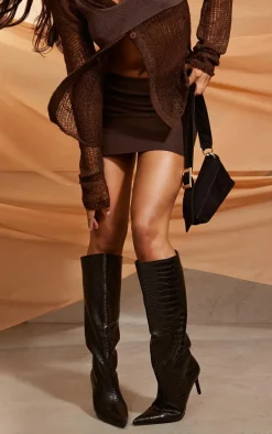 Black PU Croc Detail Point Toe Stiletto Heeled Knee Boots