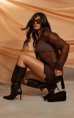 Black PU Croc Detail Point Toe Stiletto Heeled Knee Boots