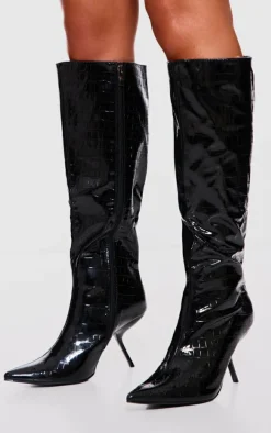 Black Pu Croc Point Toe Slanted Heel Knee High Boots