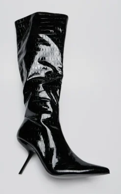 Black Pu Croc Point Toe Slanted Heel Knee High Boots