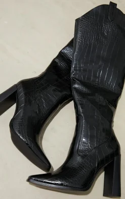 Black PU Croc Square Toe Curved Edge Knee High Boots