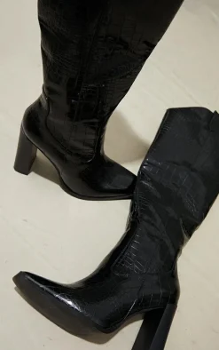 Black PU Croc Square Toe Curved Edge Knee High Boots