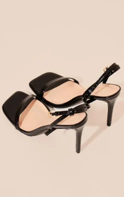 Black Pu Croc Square Toe Barely There Strap High Heeled Sandals