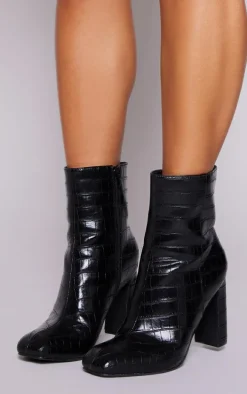 Black Pu Croc Square Toe Zip Block High Heeled Ankle Boots