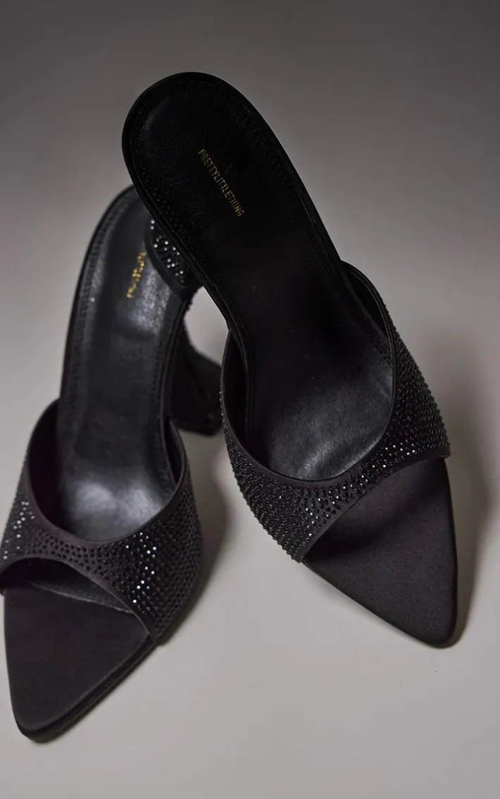 Black PU Diamante Point Toe Square Mid Heeled Mules