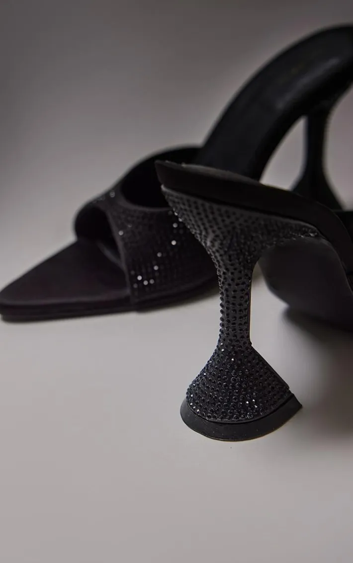 Black PU Diamante Point Toe Square Mid Heeled Mules