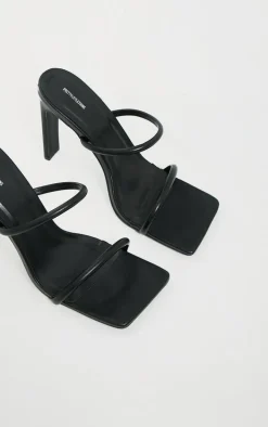 Black PU Extreme Square Toe Twin Strap Mule High Heels