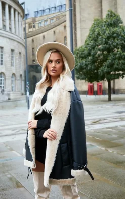 Black PU Faux Fur Trim Vintage Style Coat