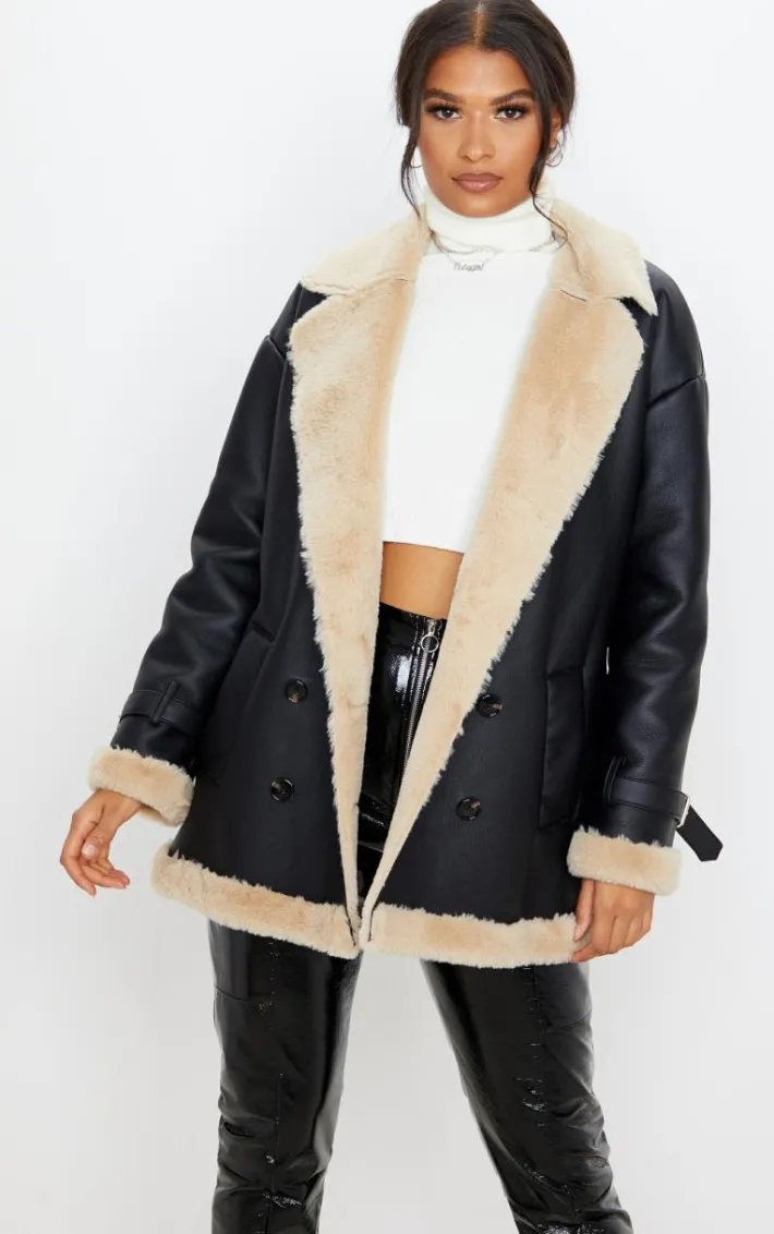 Black PU Faux Fur Trim Vintage Style Coat