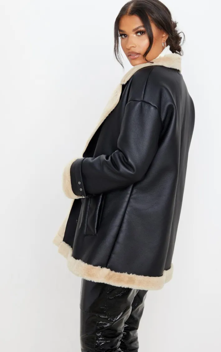 Black PU Faux Fur Trim Vintage Style Coat