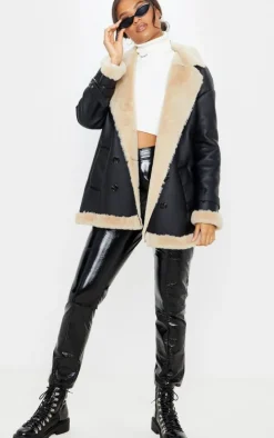 Black PU Faux Fur Trim Vintage Style Coat