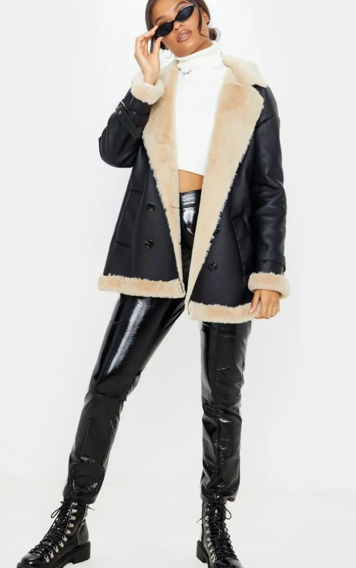 Black PU Faux Fur Trim Vintage Style Coat