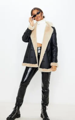 Black PU Faux Fur Trim Vintage Style Coat