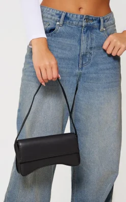 Black PU Flap Over Baguette Shoulder Bag