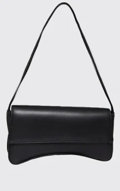 Black PU Flap Over Baguette Shoulder Bag