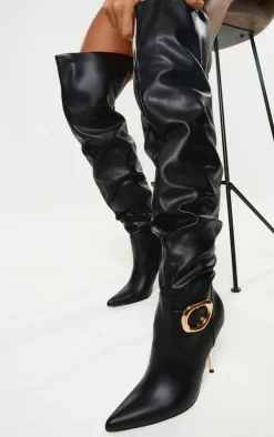 Black PU Gold Buckle Point Toe High Stiletto Over The Knee Boots