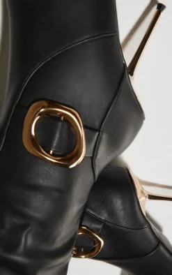 Black PU Gold Buckle Point Toe High Stiletto Over The Knee Boots