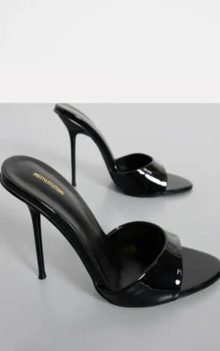 Black Pu Patent Point Toe Wide Fit Stiletto Heeled Mules