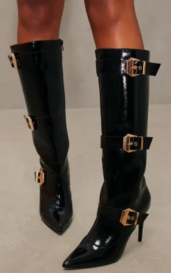 Black PU Patent Point Toe Buckle Knee High Heeled Boots