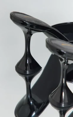 Black Pu Patent Pointed Toe Square Mid Heeled Mules