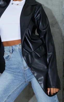 Black PU Pocket Look Double Button Blazer
