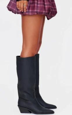 Black PU Point Toe Black Heel Western Boots