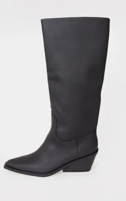 Black PU Point Toe Black Heel Western Boots