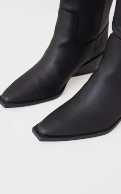 Black PU Point Toe Black Heel Western Boots