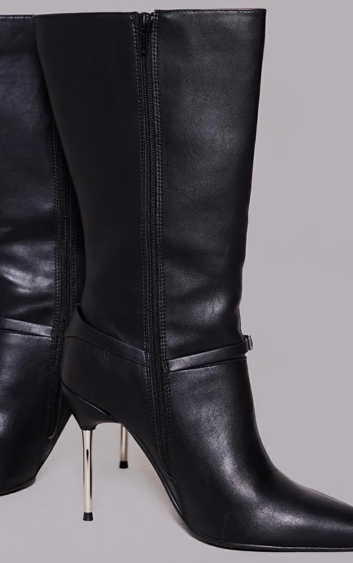 Black Pu Point Toe Buckle Strap Calf High Heeled Boots