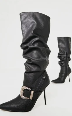 Black Pu Point Toe Buckle Knee High Stiletto Heeled Boots