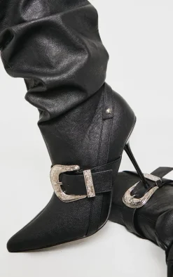 Black Pu Point Toe Buckle Knee High Stiletto Heeled Boots