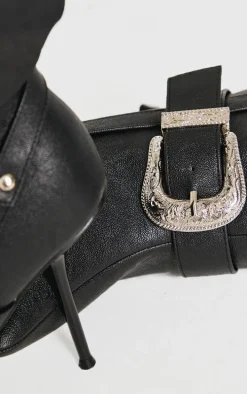 Black Pu Point Toe Buckle Knee High Stiletto Heeled Boots