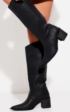 Black Pu Point Toe Calf Western Boots