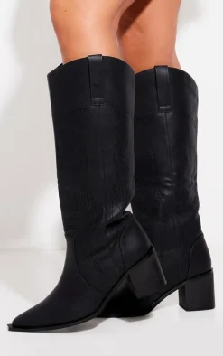Black Pu Point Toe Calf Western Boots