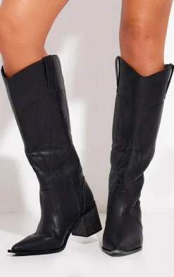 Black Pu Point Toe Calf Western Boots