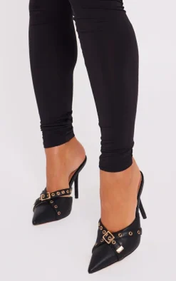 Black PU Point Toe Eyelet Heeled Mules