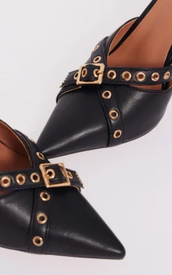 Black PU Point Toe Eyelet Heeled Mules