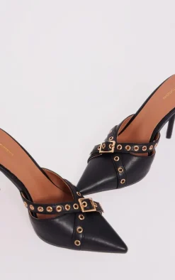 Black PU Point Toe Eyelet Heeled Mules