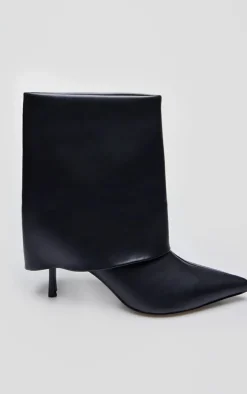 Black PU Point Toe Fold Over Low Heeled Ankle Boots