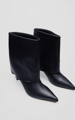 Black PU Point Toe Fold Over Low Heeled Ankle Boots