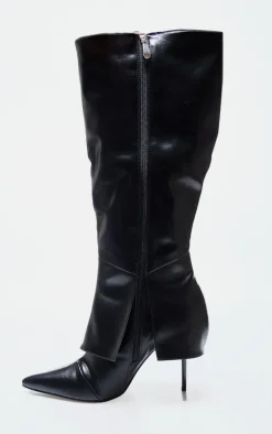 Black PU Point Toe Fold Over Zip Detail High Stiletto Heeled Boots