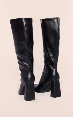 Black PU Point Toe Knee High Block Heeled Boots