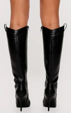 Black PU Point Toe Knee High Western Stiletto Boots