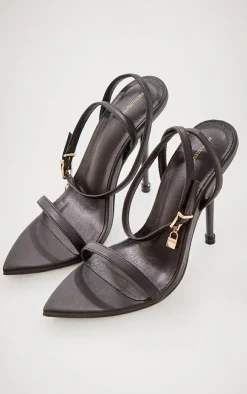 Black Pu Point Toe Lock Charm Heeled Sandals